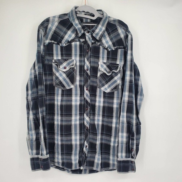 BKE Slim Fit Large Snap Button Gray Plaid Long Sleeve Shirt Double Pockets - Picture 2 of 10